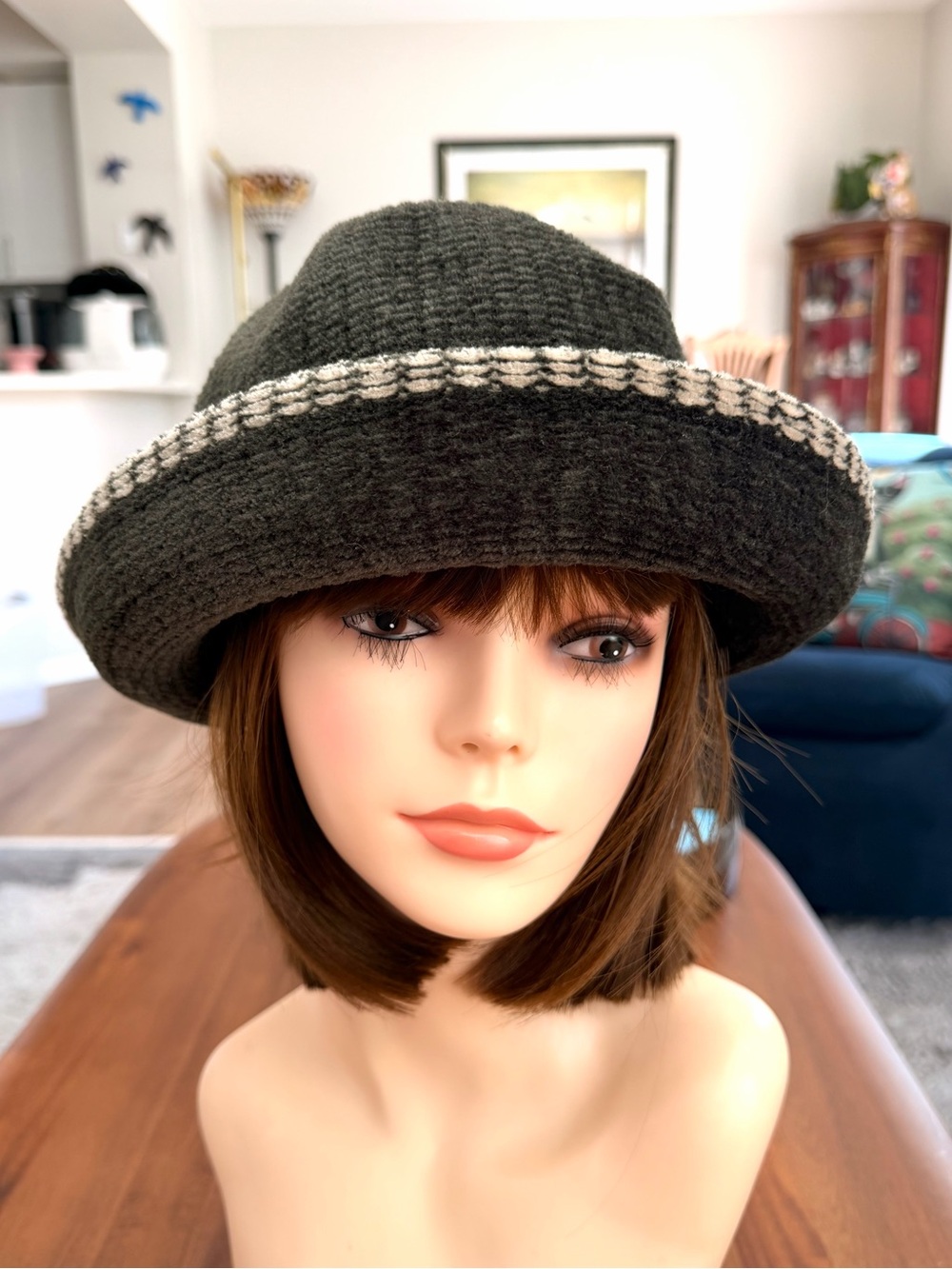 C.C Dark Olive Green Chenille Bowler Hat Cream Trim Rolled Brim 22.5”